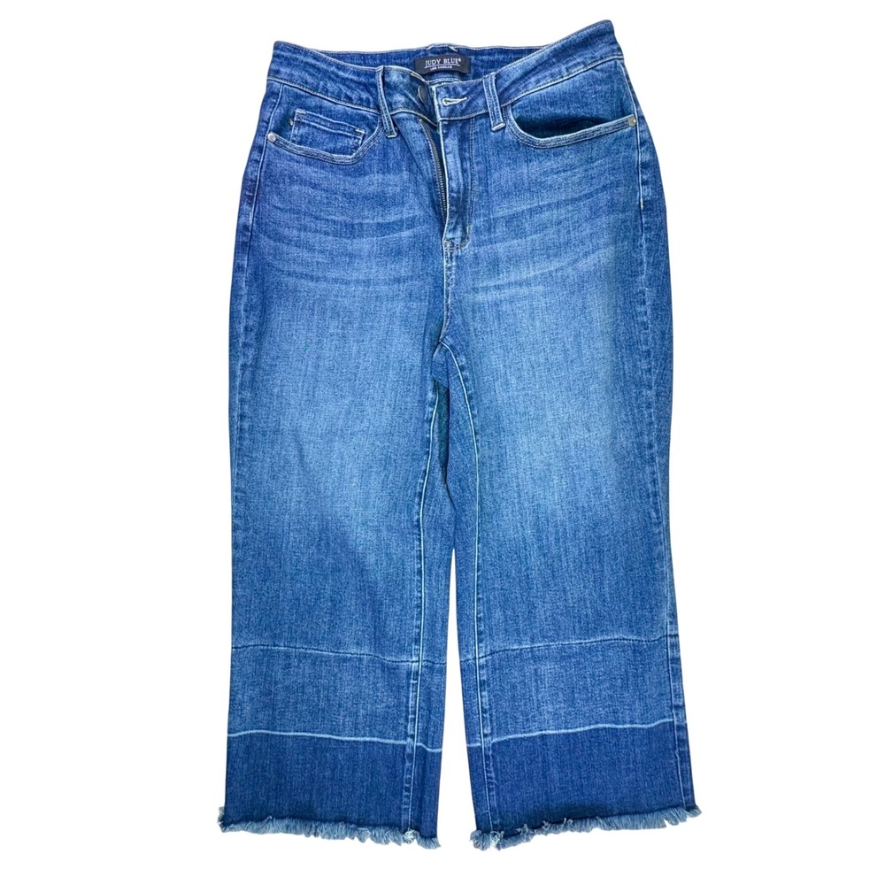 Judy Blue Wide Leg‎ Crop Jeans 14W High Rise Frayed Hem Stretch Denim